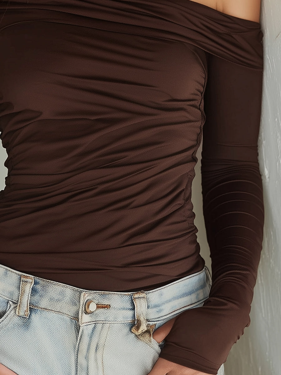 One-Shoulder Pleated High-Stretch Long-Sleeve Top