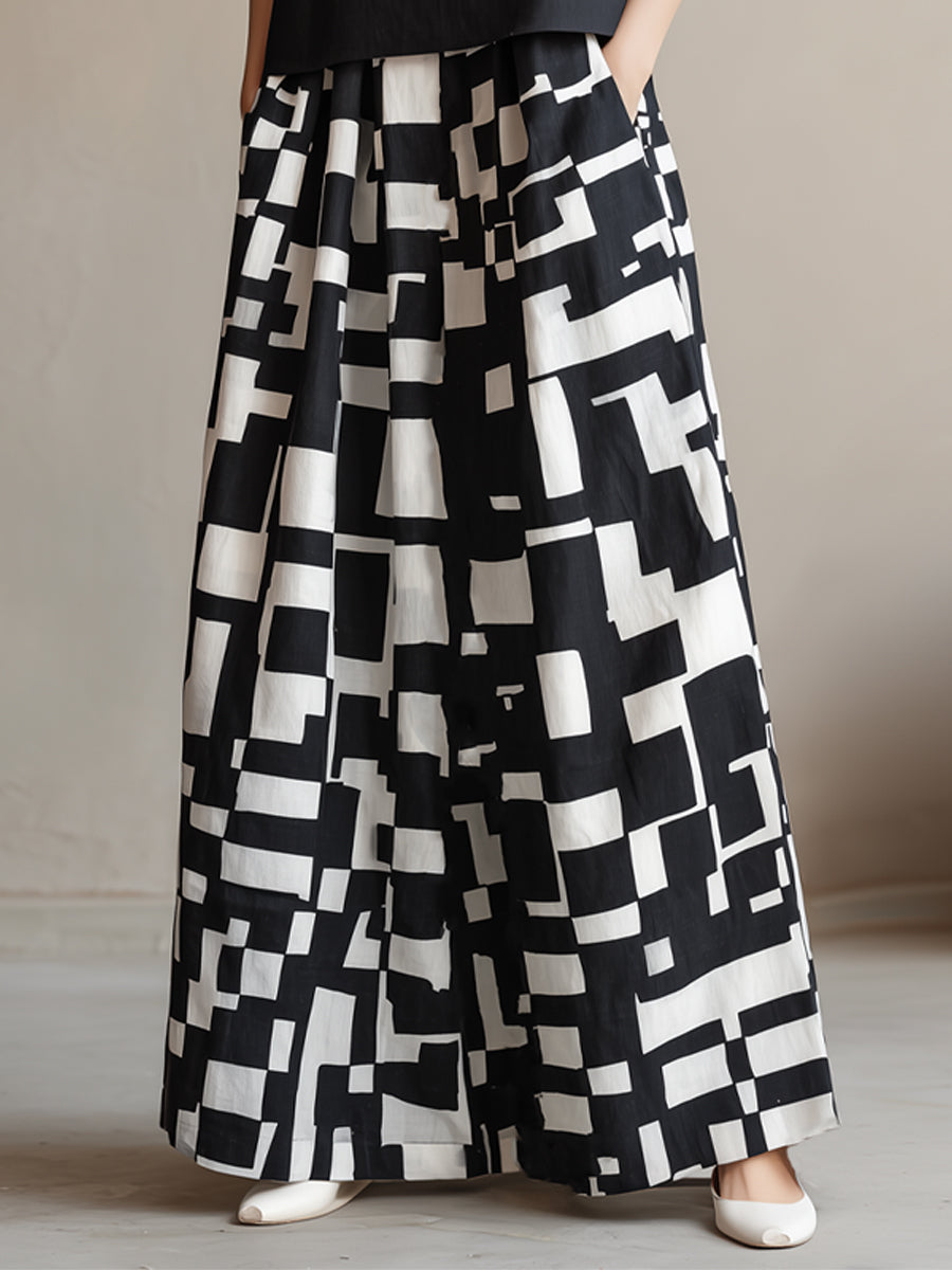 High-Neck Top & Abstract Print Wide-Leg Skirt Set