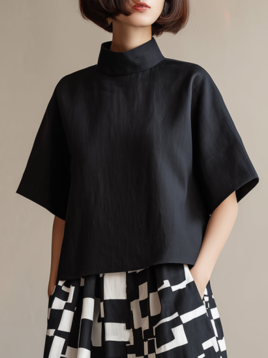 High-Neck Top & Abstract Print Wide-Leg Skirt Set