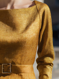 Golden Textured Jacquard Belted Blouse