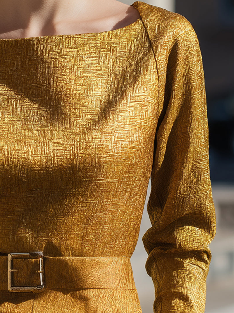 Golden Textured Jacquard Belted Blouse