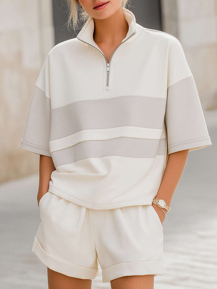 Half-Zip Color-Block Top & Matching Tailored Shorts Set