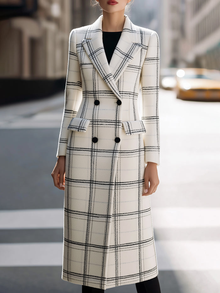 White And Black Checkered Longline Double-Breasted Coat