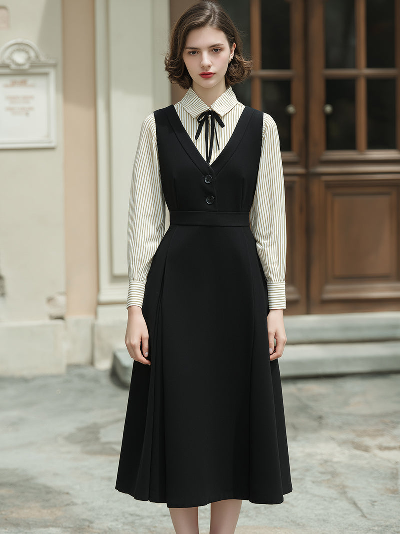 Black V-neck A-line Layered Midi Dress And Striped Shirt Set