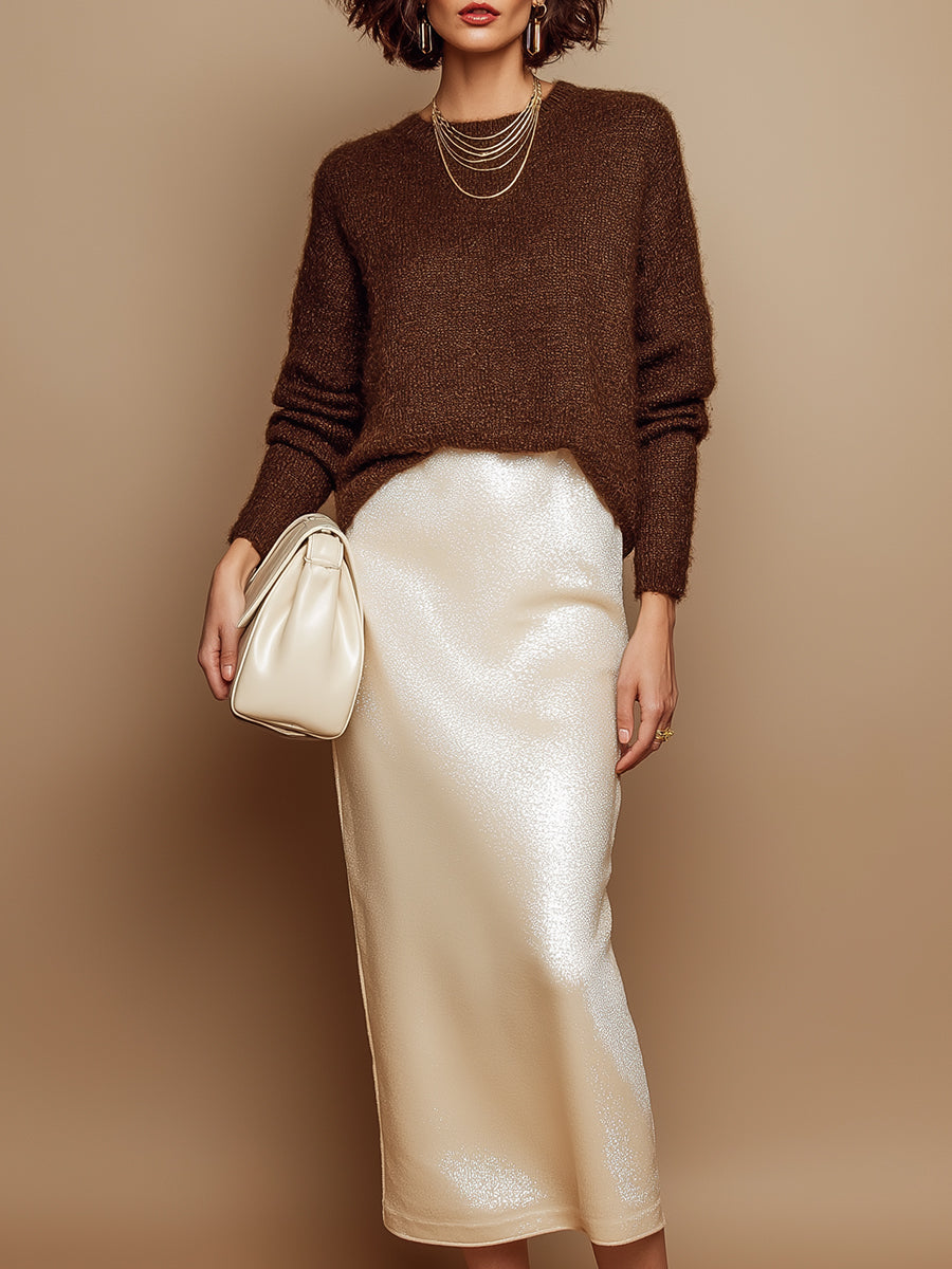 Stylish Brown Sweater And Velvet Midi Skirt Set