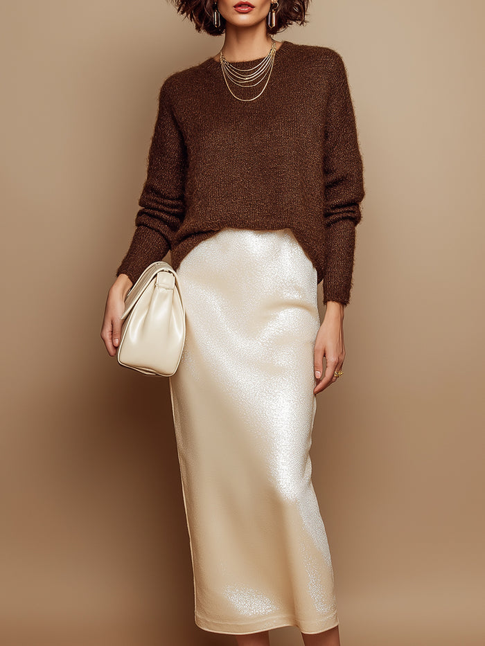 Stylish Brown Sweater And Velvet Midi Skirt Set
