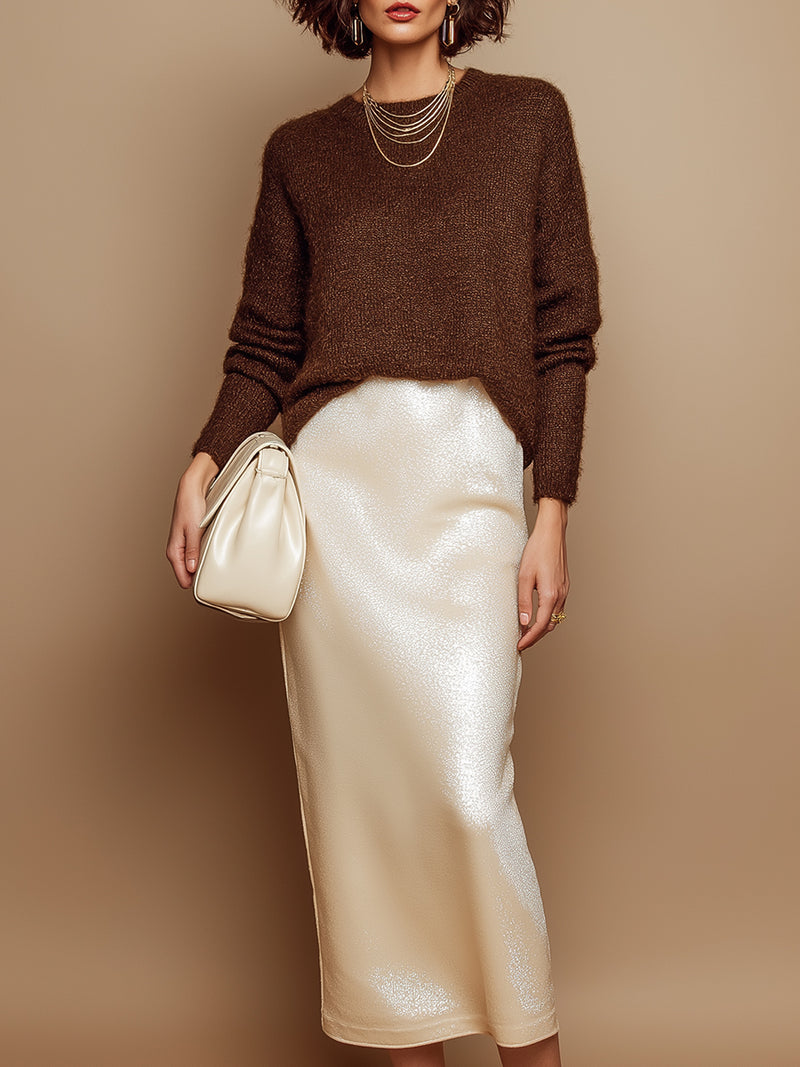 Stylish Brown Sweater And Velvet Midi Skirt Set
