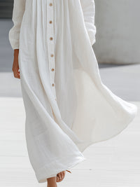 Pintuck Button-Front Linen Maxi Shirt Dress