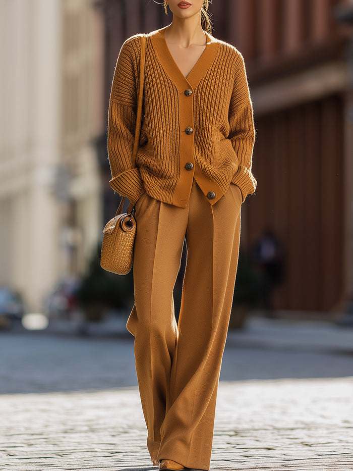 Caramel Ribbed Knit Cardigan And Wide-Leg Pants Set