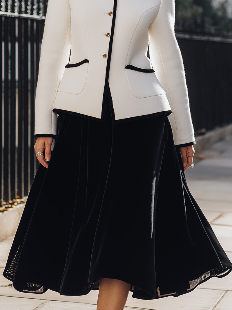 Monochrome Elegance Tailored Jacket And Velvet Skirt Ensemble