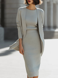 Light Grey Minimalist Ribbed Knit Three-Piece Skirt Set