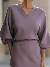 V-Neck Blouson Sleeve Knit Top & Midi Skirt Set