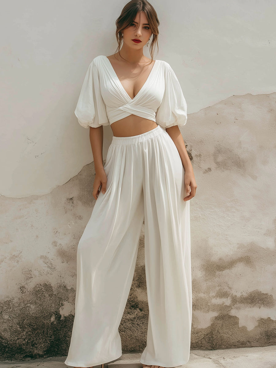 Chic V-Neck Puff Sleeve Crop Top & Flowing Wide-Leg Pants Two-Piece Set