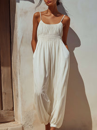 Elegant Smocked Waist Spaghetti Strap Harem Jumpsuit