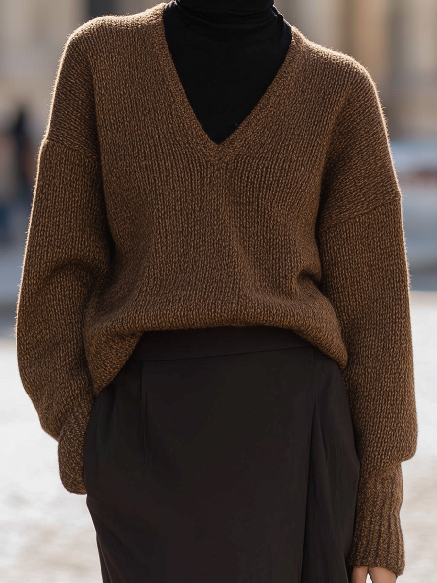 Mocha Brown V-Neck Knit Sweater