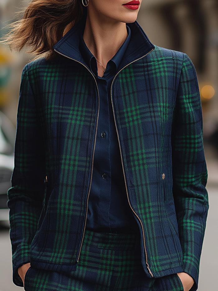 Navy And Green Plaid Zip-Up Jacket With Tailored Finish