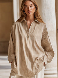 Relaxed V-Neck Pinstripe Long Sleeve Blouse