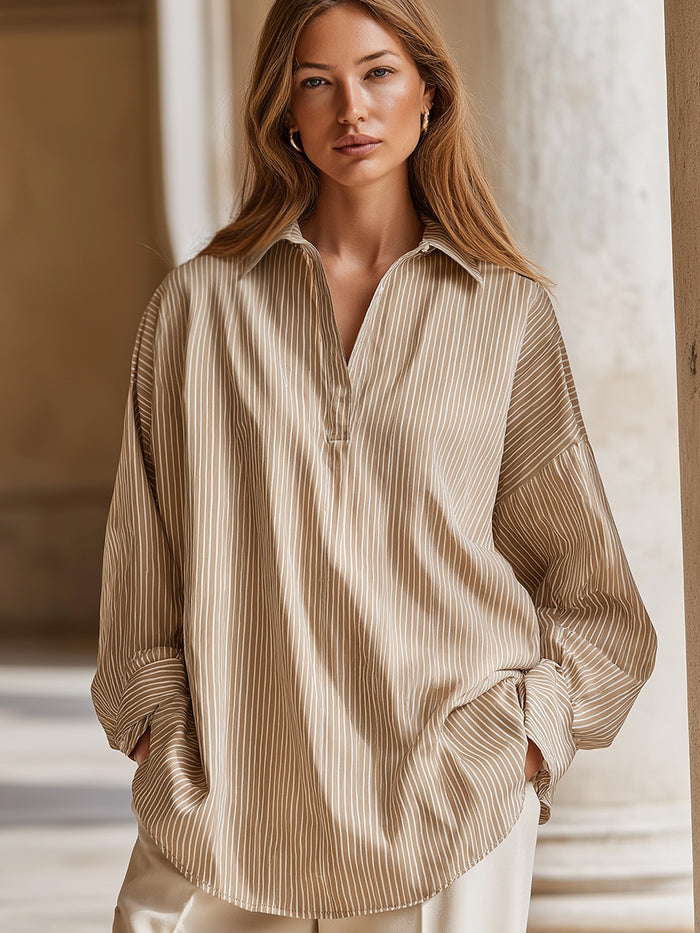 Relaxed V-Neck Pinstripe Long Sleeve Blouse