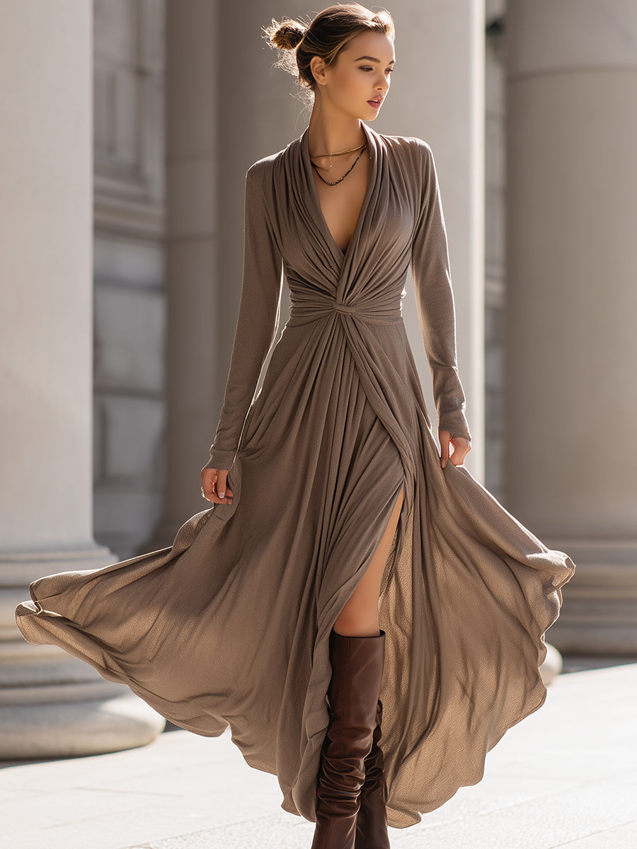 Mocha Draped Front Long-Sleeve Maxi Dress