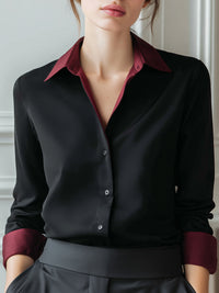 Button-Front Blouse With Burgundy Contrast Collar & Cuffs