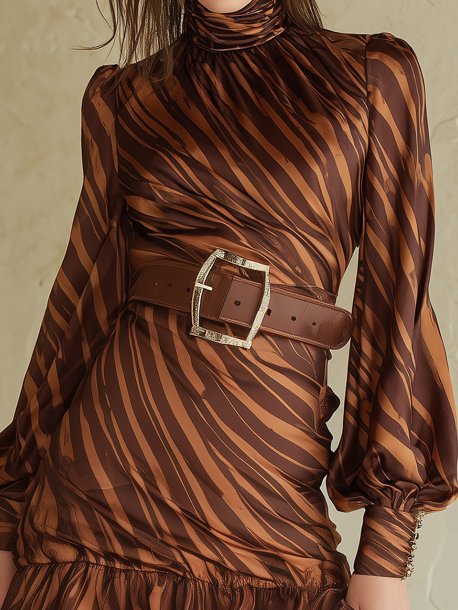 Brown Irregular Striped Mini Dress With Ruffled Hem And Tie At The Waist