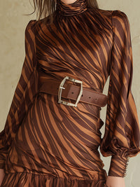 Brown Irregular Striped Mini Dress With Ruffled Hem And Tie At The Waist