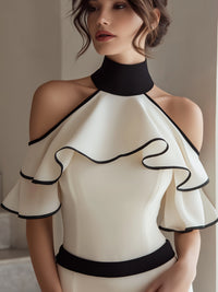 Cold-Shoulder Halter Top With Layered Ruffle And Contrast Trim