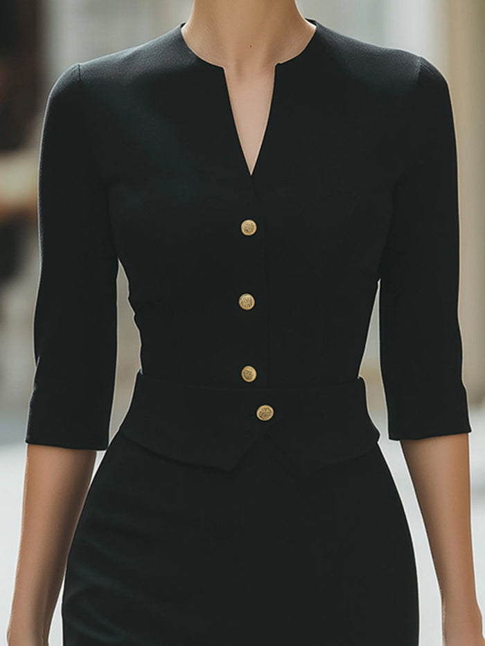 V-neck Button Pencil Skirt Suit