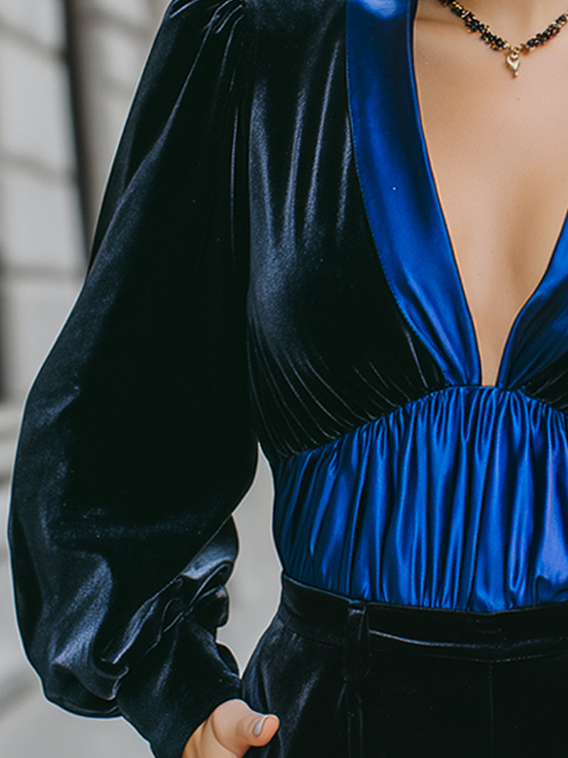 Midnight Velvet Deep-V Blouse With Royal Blue Panel