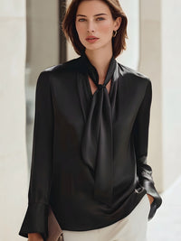 Elegant Black Tie-Neck Satin Blouse