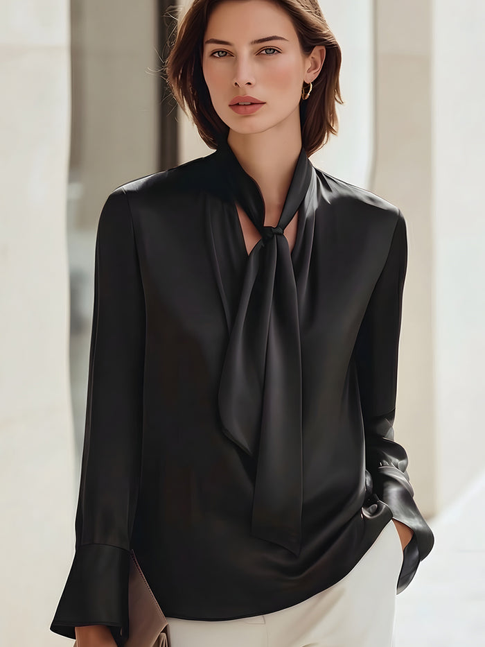 Elegant Black Tie-Neck Satin Blouse
