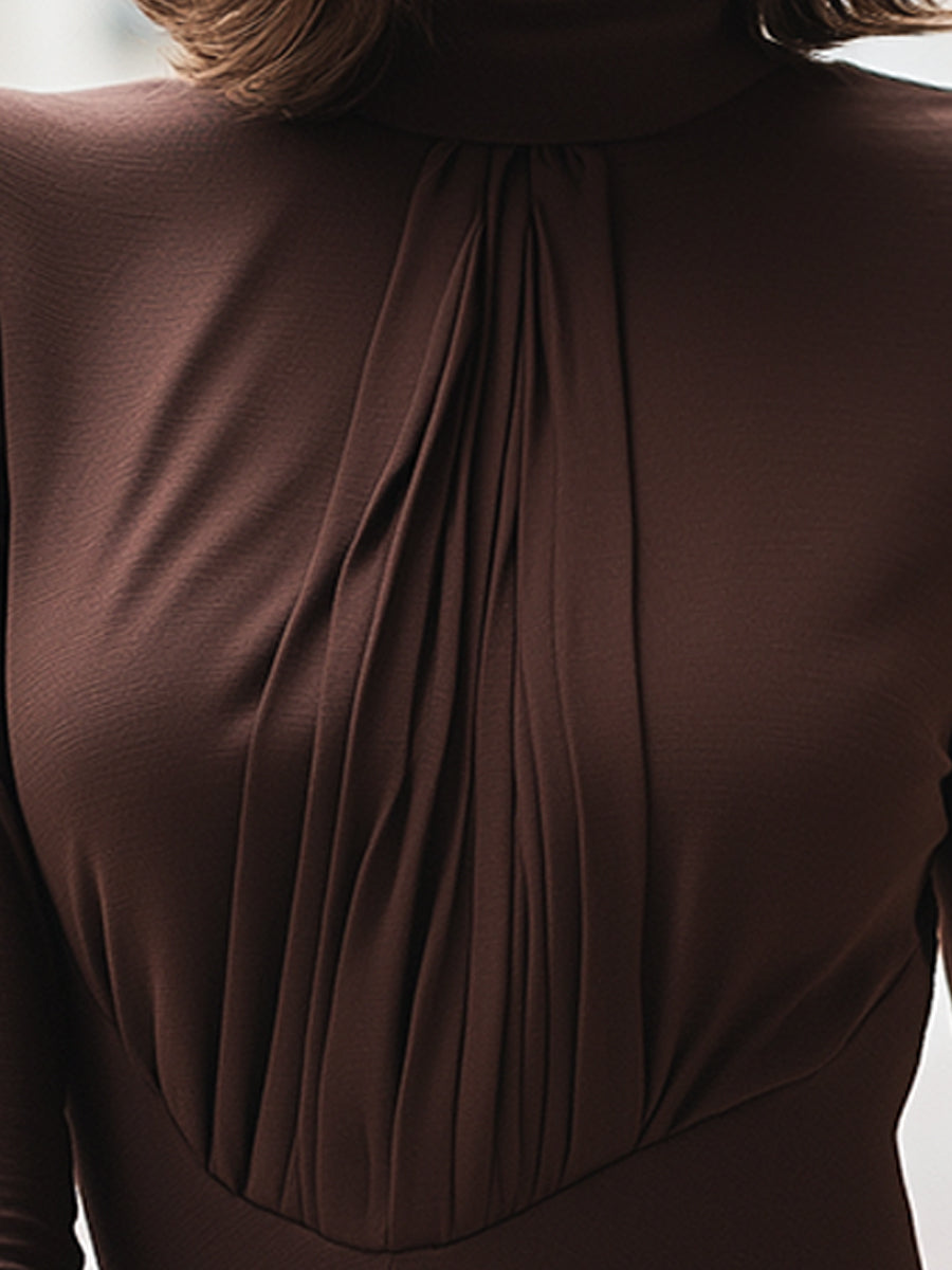 Chocolate Brown Pleated Peplum Top With High Neck