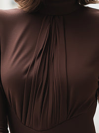 Chocolate Brown Pleated Peplum Top With High Neck