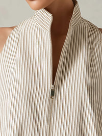 Sleeveless Pleated Zip-Front Stand Collar Top