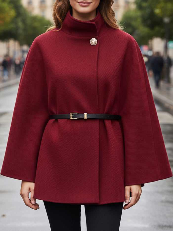 Belted Cape Coat With High Collar In Burgundy