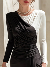 Two-Tone Draped Contrast Long-Sleeve Top