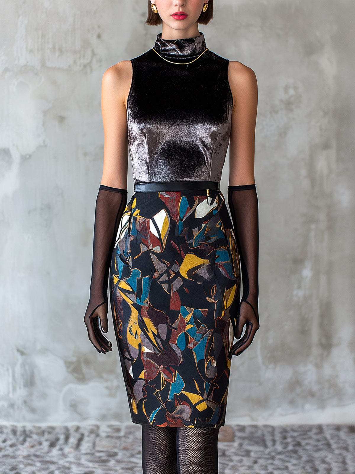 Sleeveless High-Neck Printed Pencil Dress