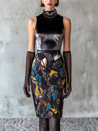 Sleeveless High-Neck Printed Pencil Dress