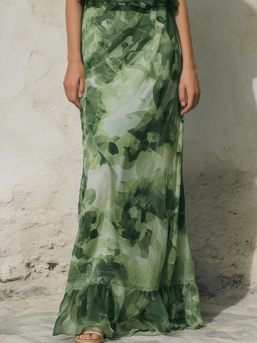 Printed Chiffon Blouse & Maxi Skirt Two-Piece Set