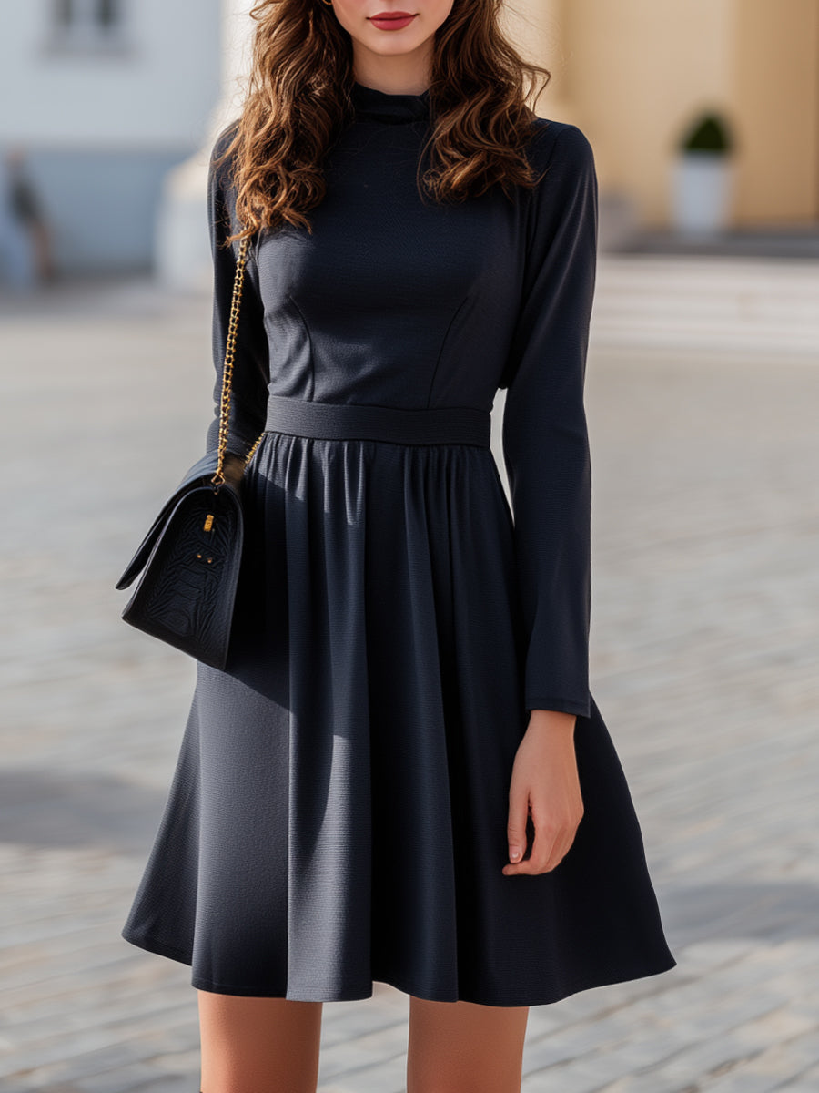 Black Long-Sleeve A-Line Dress With Defined Waist