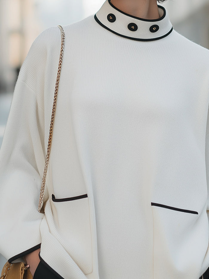 High-Neck Relaxed Sweater With Black Trim And Button Accents