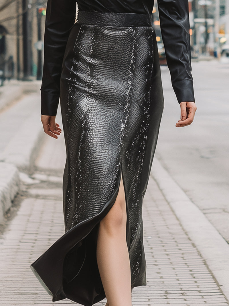 Crocodile-Effect Leather Maxi Skirt With Shirt