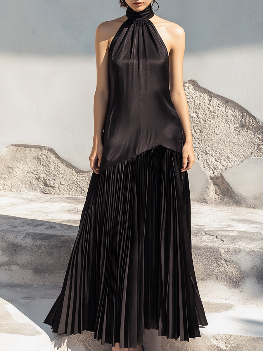 Halter Neck Pleated Hem Maxi Dress