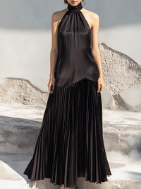 Halter Neck Pleated Hem Maxi Dress