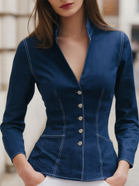 Navy Blue Slim Fit Button-Up Top With Contrasting Stitching