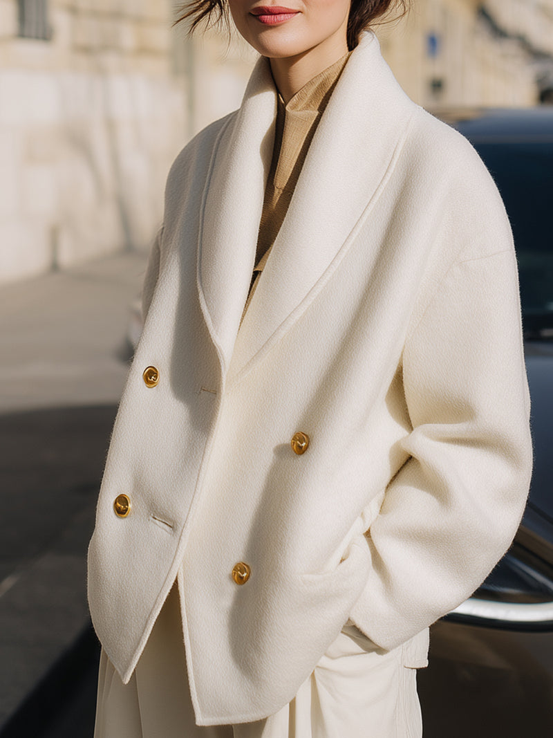 Double-Breasted Shawl Collar Wool Blazer In Ivory