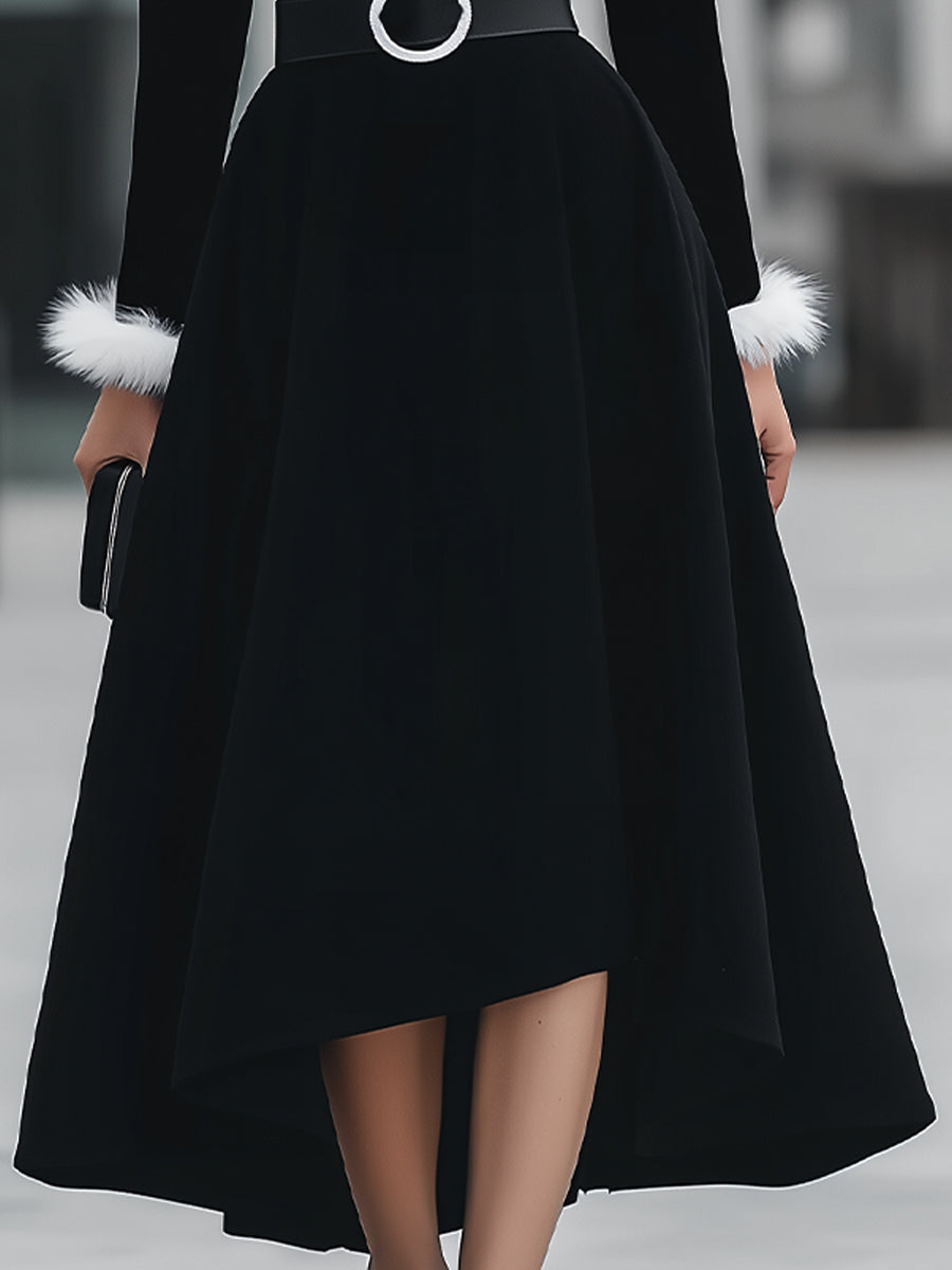 Faux Fur Trim V-Neck Velvet Midi Dress