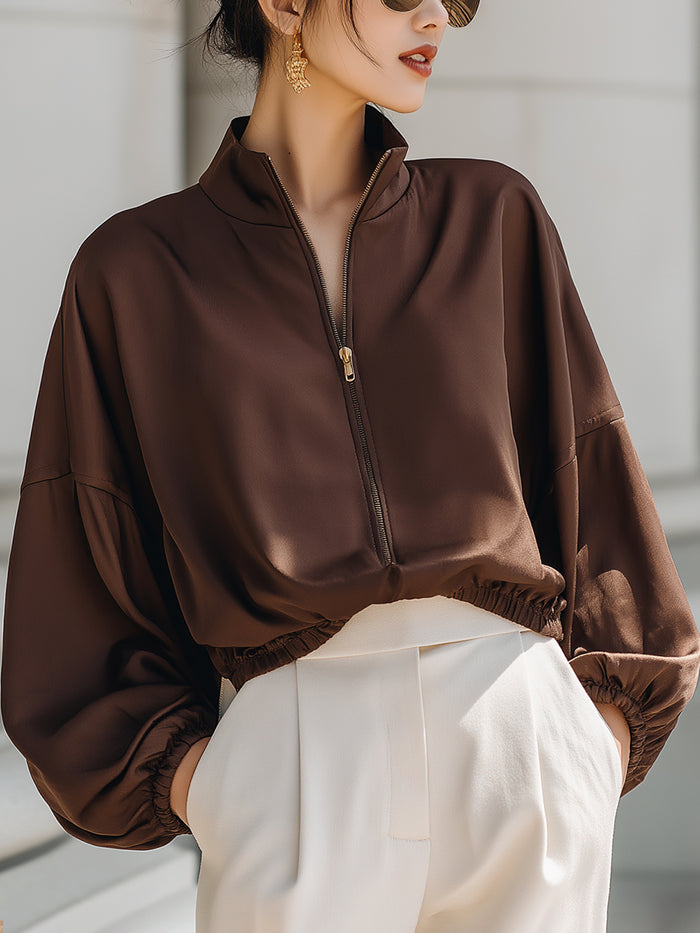 Thick Satin Zip-up Casual Jacket