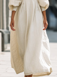 Elegant Linen Puff-Sleeve Maxi Dress