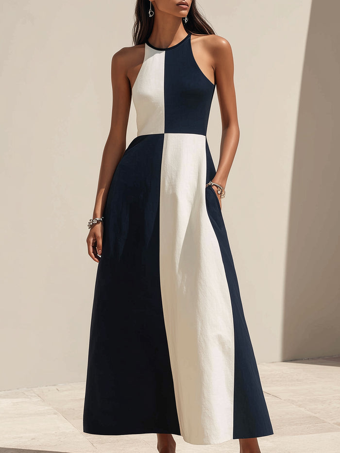 Colorblock Halter Neckline A-Line Maxi Dress